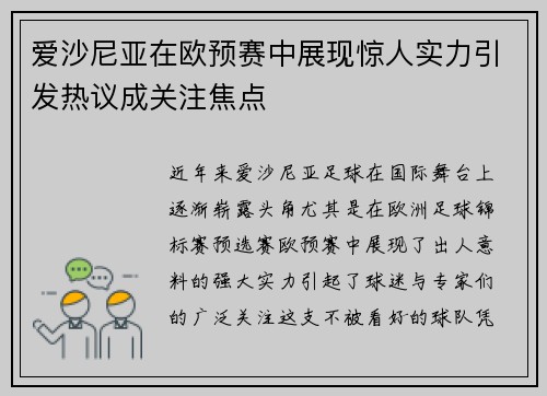 爱沙尼亚在欧预赛中展现惊人实力引发热议成关注焦点
