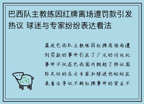 巴西队主教练因红牌离场遭罚款引发热议 球迷与专家纷纷表达看法