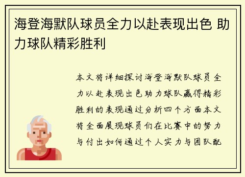 海登海默队球员全力以赴表现出色 助力球队精彩胜利